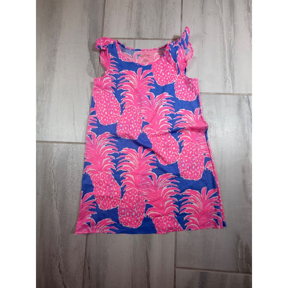 Lilly Pulitzer Girls Pink Pineapple Blue Cotton Flutter Sleeve Dress L 8-10